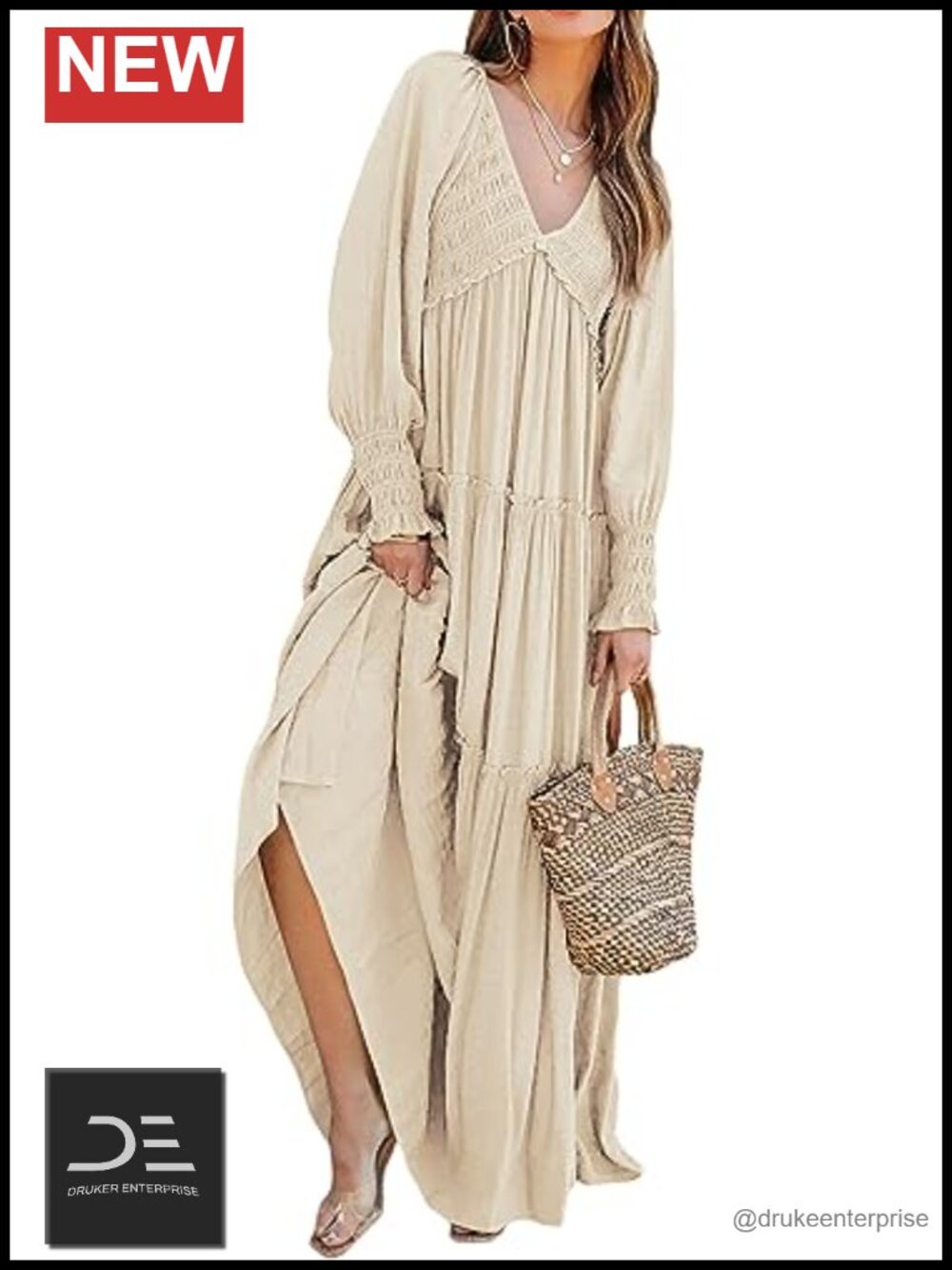 Flowy Long Sleeve V Neck Maxi Dress Boho Ruffle Hem